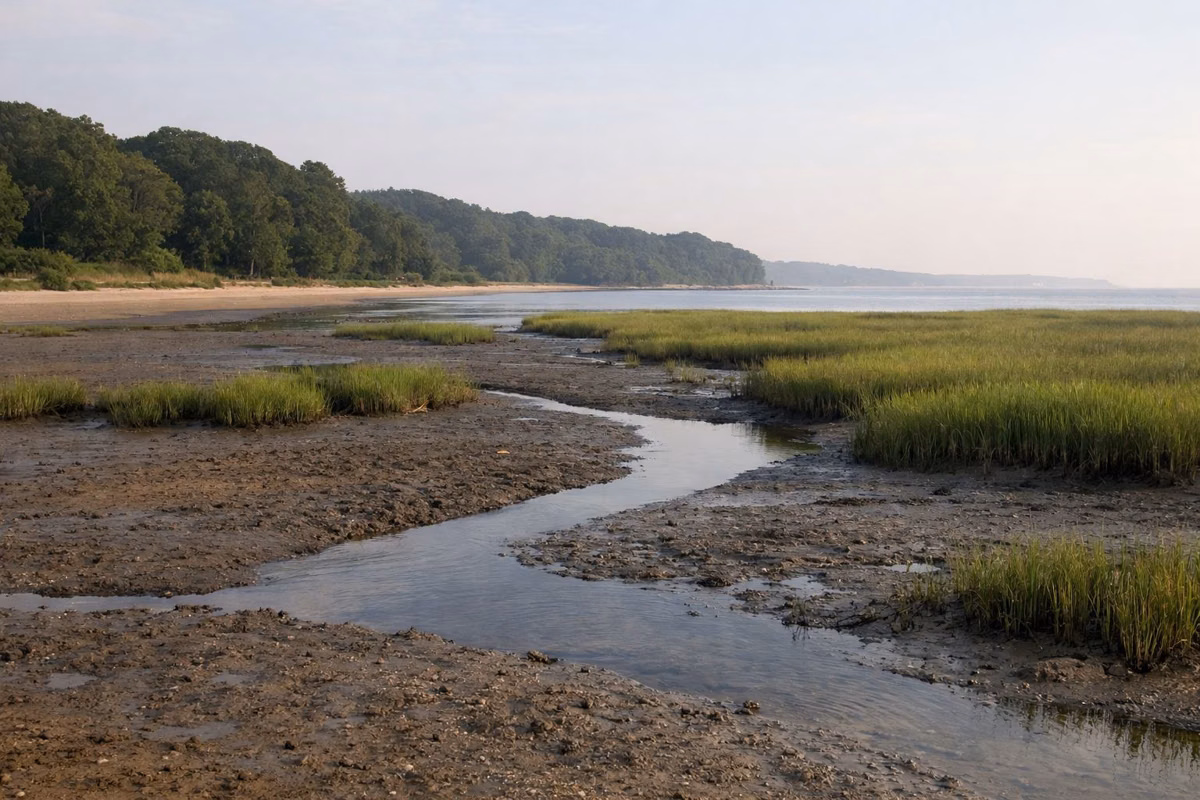 Salt marsh at low tide with exposed mud flats, channels of shallow water and marsh grass, soft morning light
