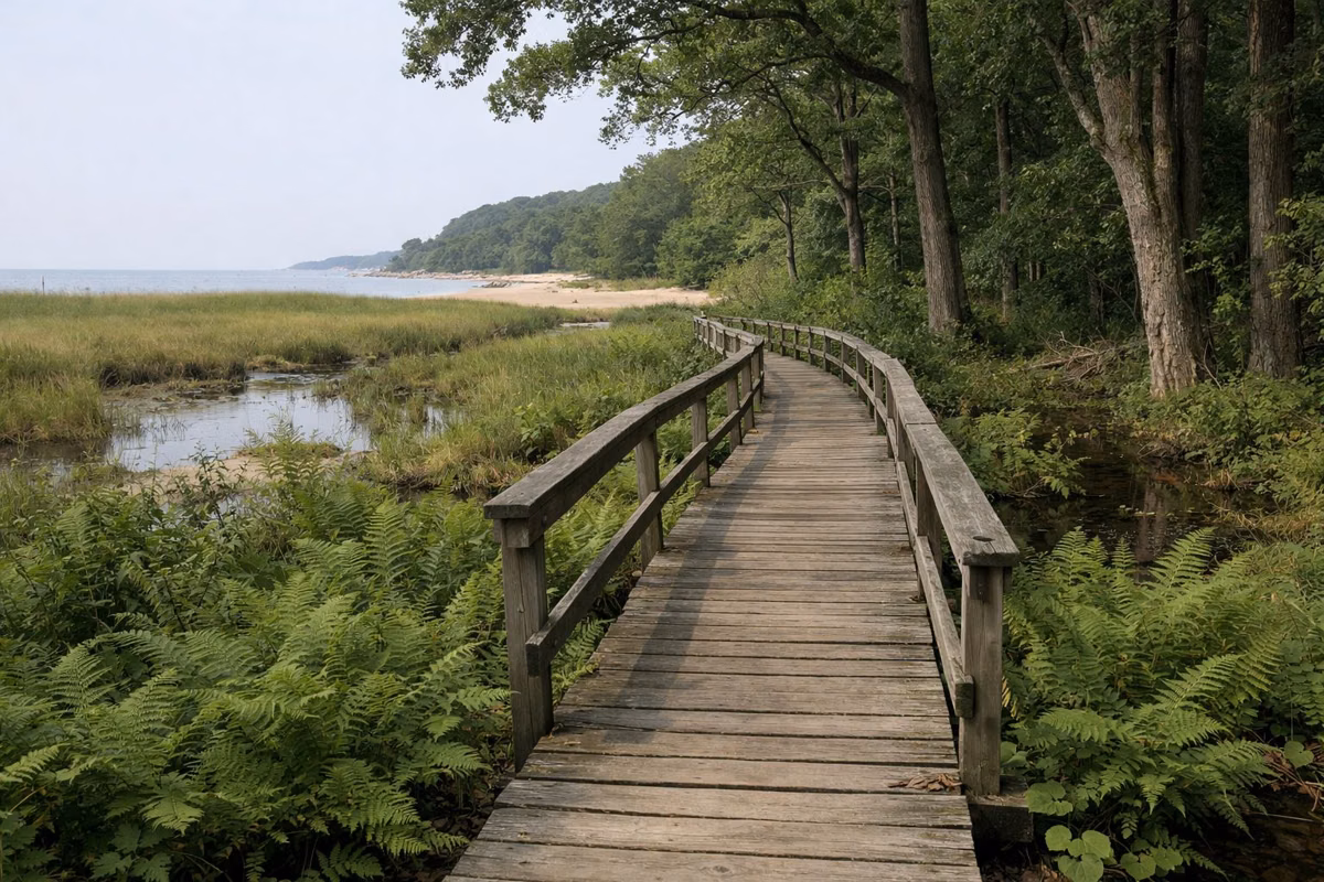 A narrow wooden boardwalk path crossing a wooded wetland with ferns