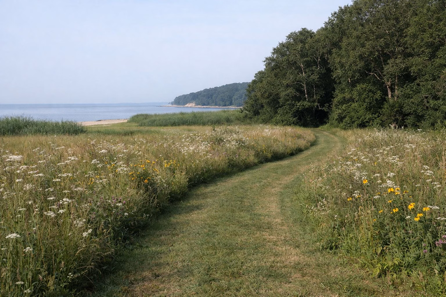 A mown path winding through a wildflower meadow toward woodland edge