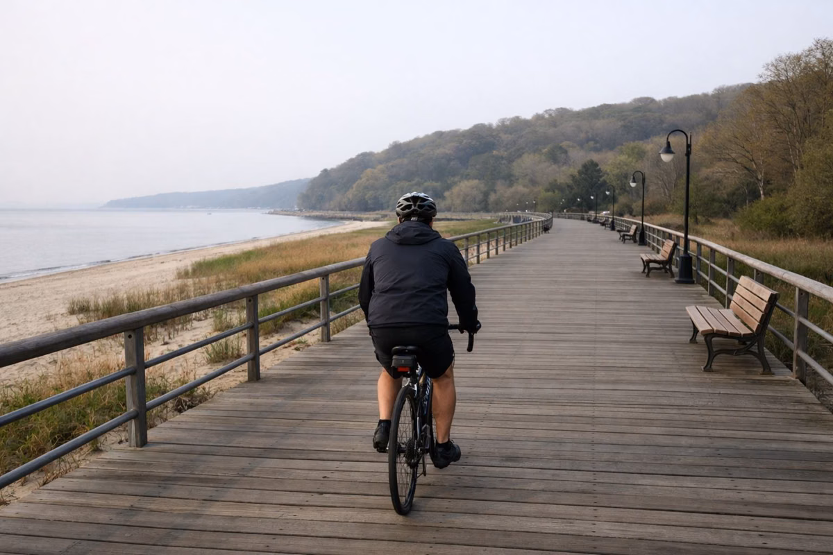 A cyclist in a helmet seen from behind riding along an empty wide wooden boardwalk beside a beach