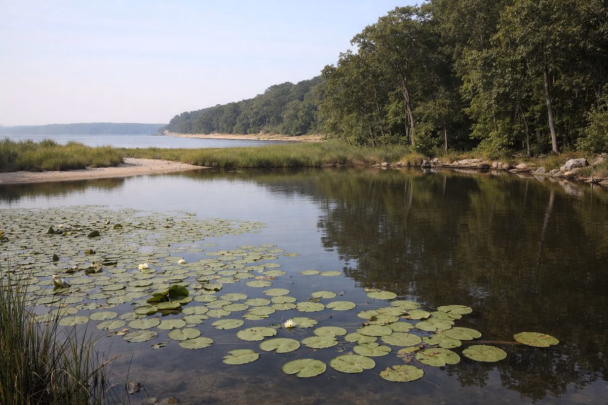 A small calm pond with lily pads, surrounded by woods