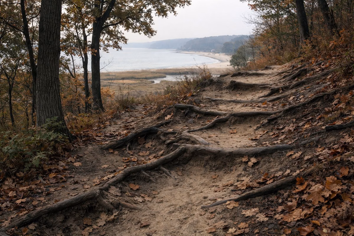 A steep dirt and sand trail climbing through oak woods, roots and fallen leaves, no people