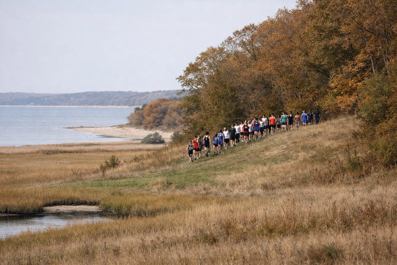 A pack of high school cross-country runners seen from a distance running up a grassy hill at the edge of woods, autumn colors, no readable numbers
