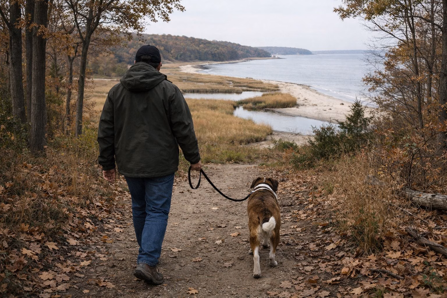 A person walking a leashed medium-size dog seen from behind on a dirt trail through oak woods, leash clearly held
