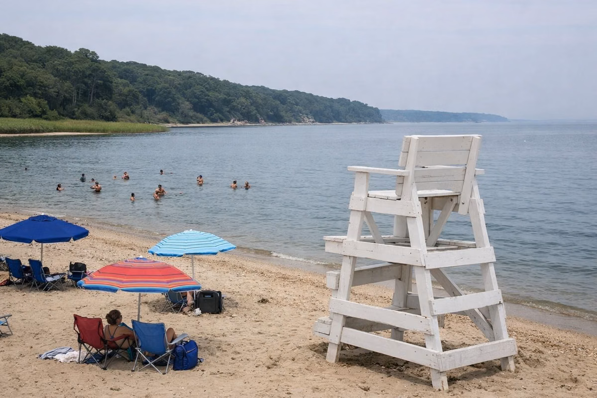 A calm family beach on a sheltered sound in summer, swimmers in the shallows, umbrellas on the sand and an empty lifeguard chair