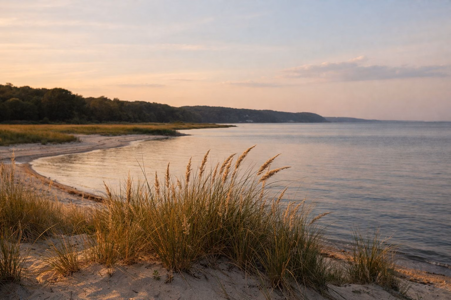 Dune grass in the foreground at golden hour with calm sound water and a soft sky beyond