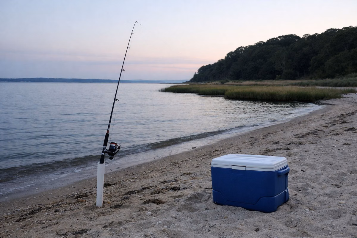 A fishing rod in a sand spike on a beach at dusk, line running out to calm water, cooler beside it