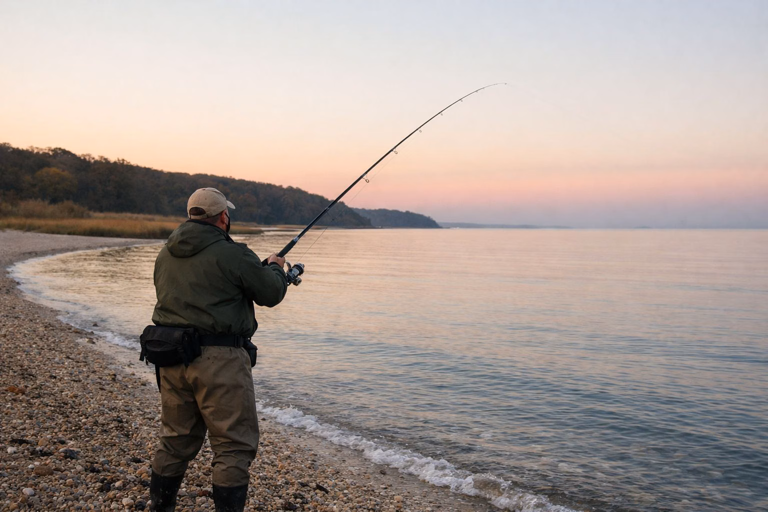 A surf fisherman seen from behind casting from a pebbly bay beach at dawn, calm water and pastel sky