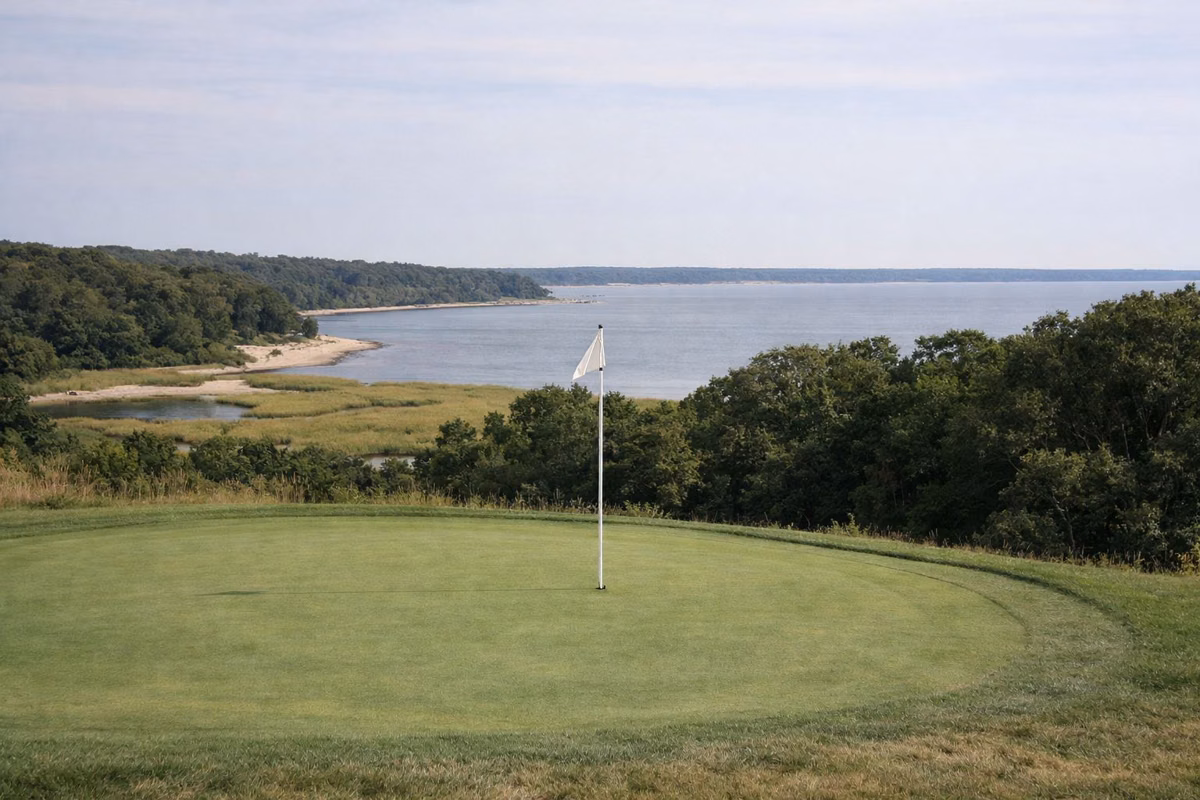 A golf green with a flagstick on a hilltop, wide calm water visible in the far distance beyond trees