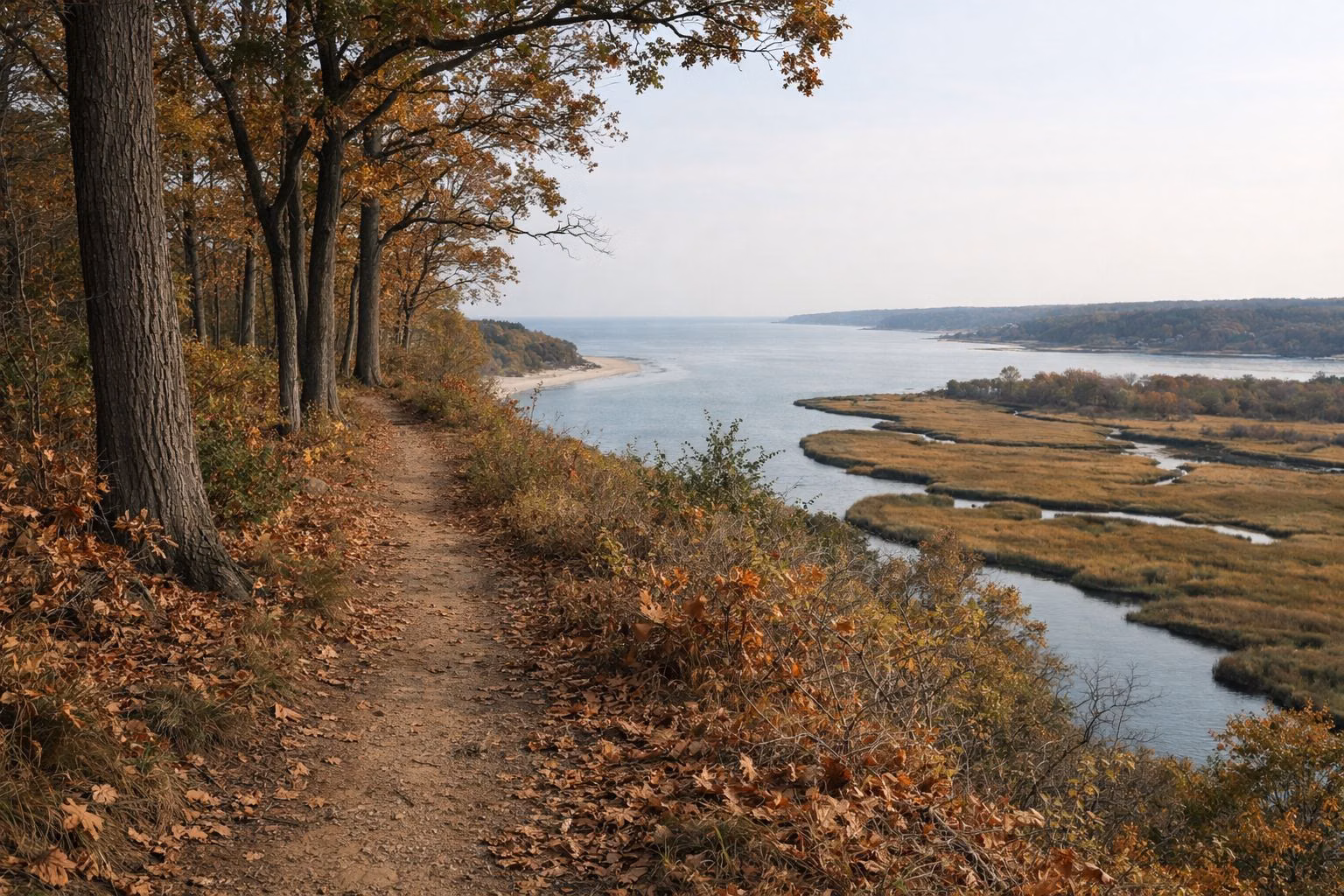 A narrow dirt trail along the top of a wooded bluff, with a wide tidal river and marsh far below through the trees