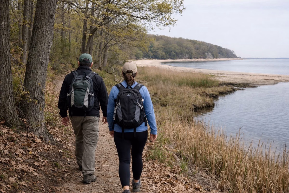 Two hikers with daypacks seen from behind on a leafy woodland trail beside a stream