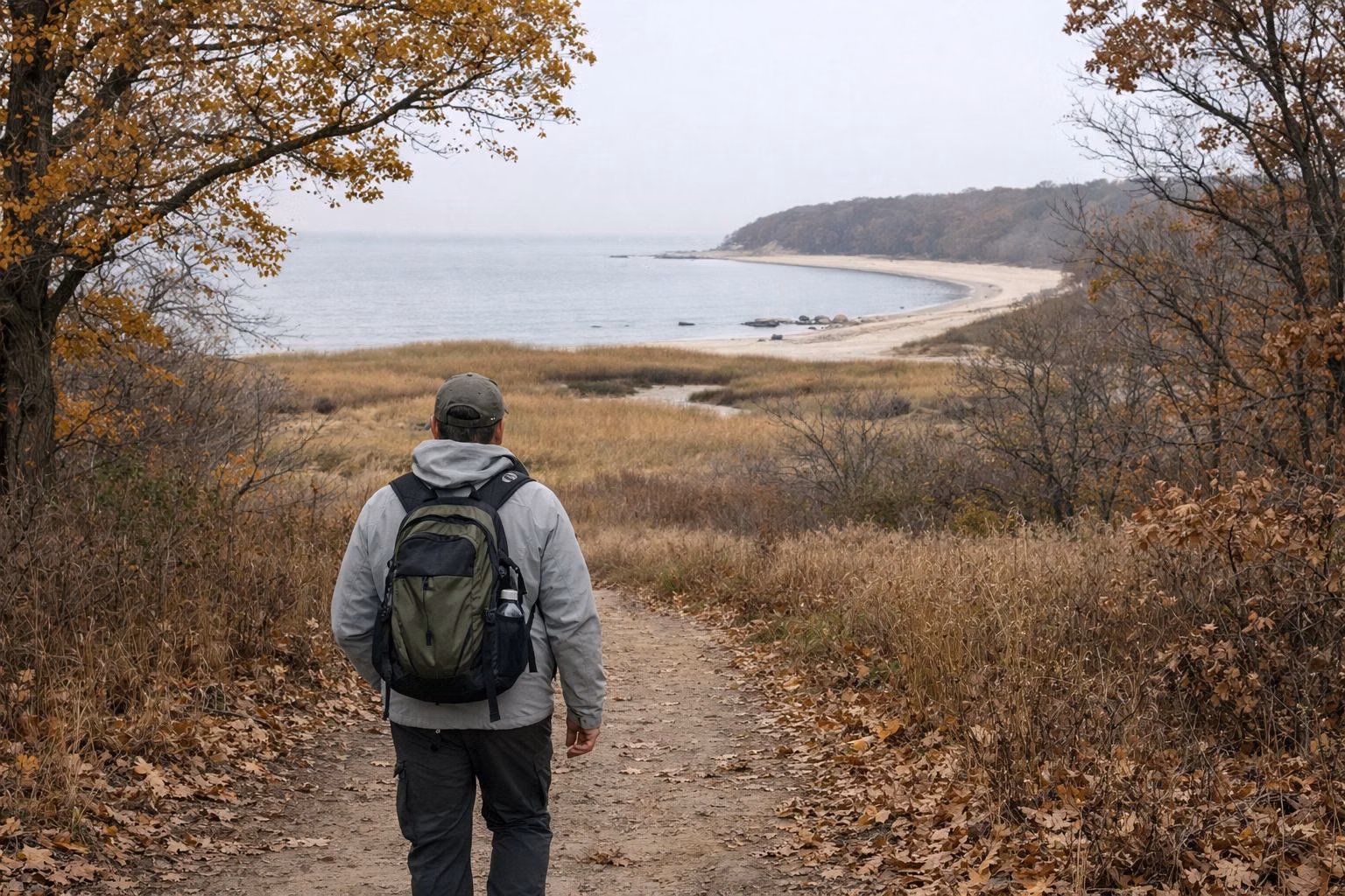 A hiker in a light jacket seen from behind on a dirt trail through rolling mature oak woodland with yellow and brown leaves