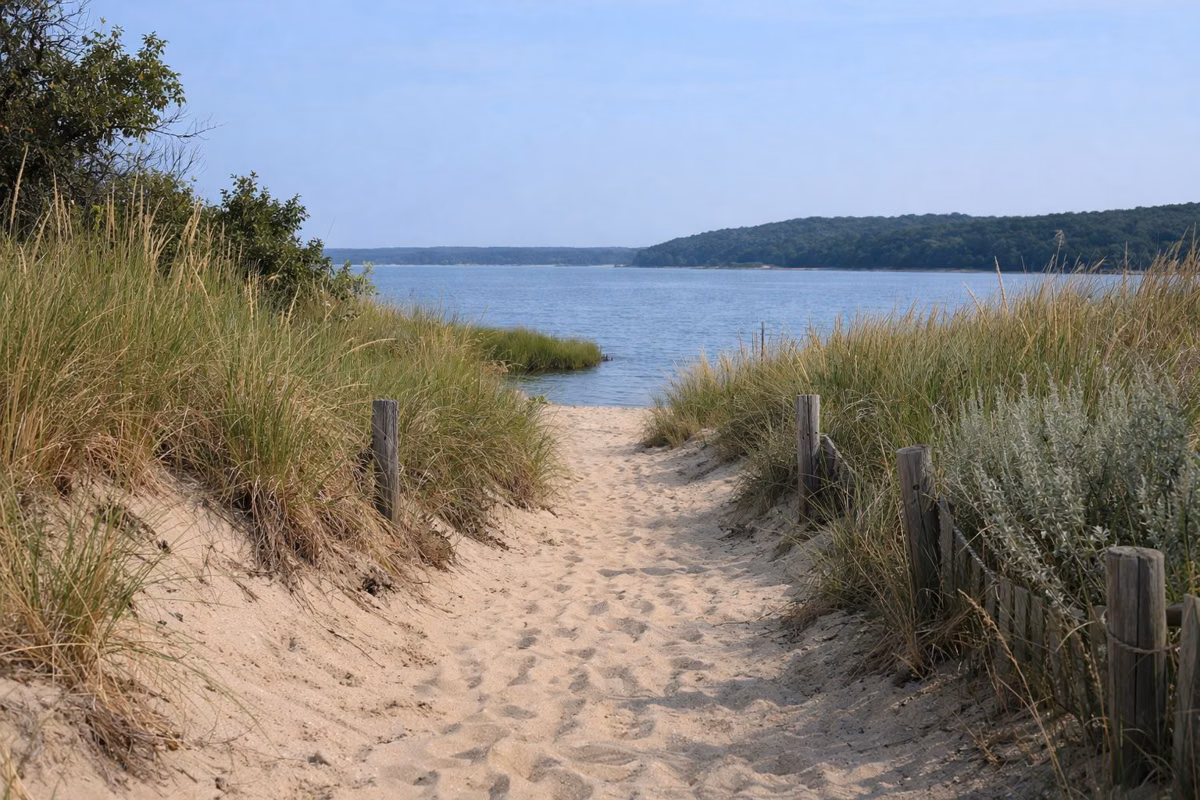 A narrow sandy path between dunes covered in beach grass, blue sky, glimpse of water ahead