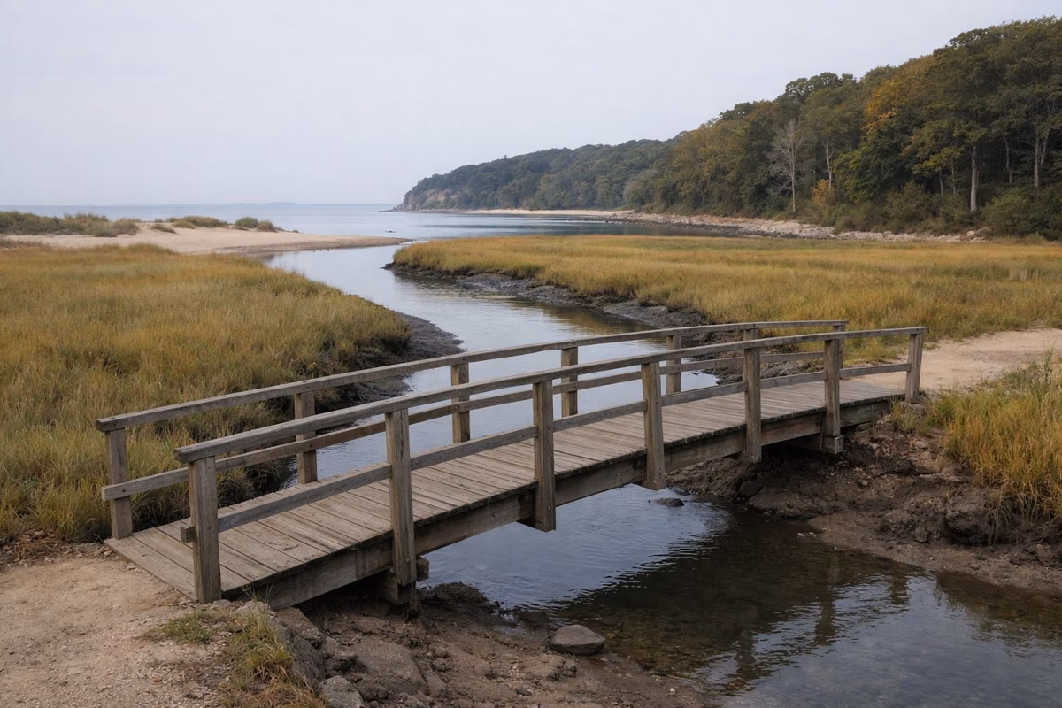 A simple wooden footbridge crossing a tidal creek that winds through green and gold salt marsh grass toward open water