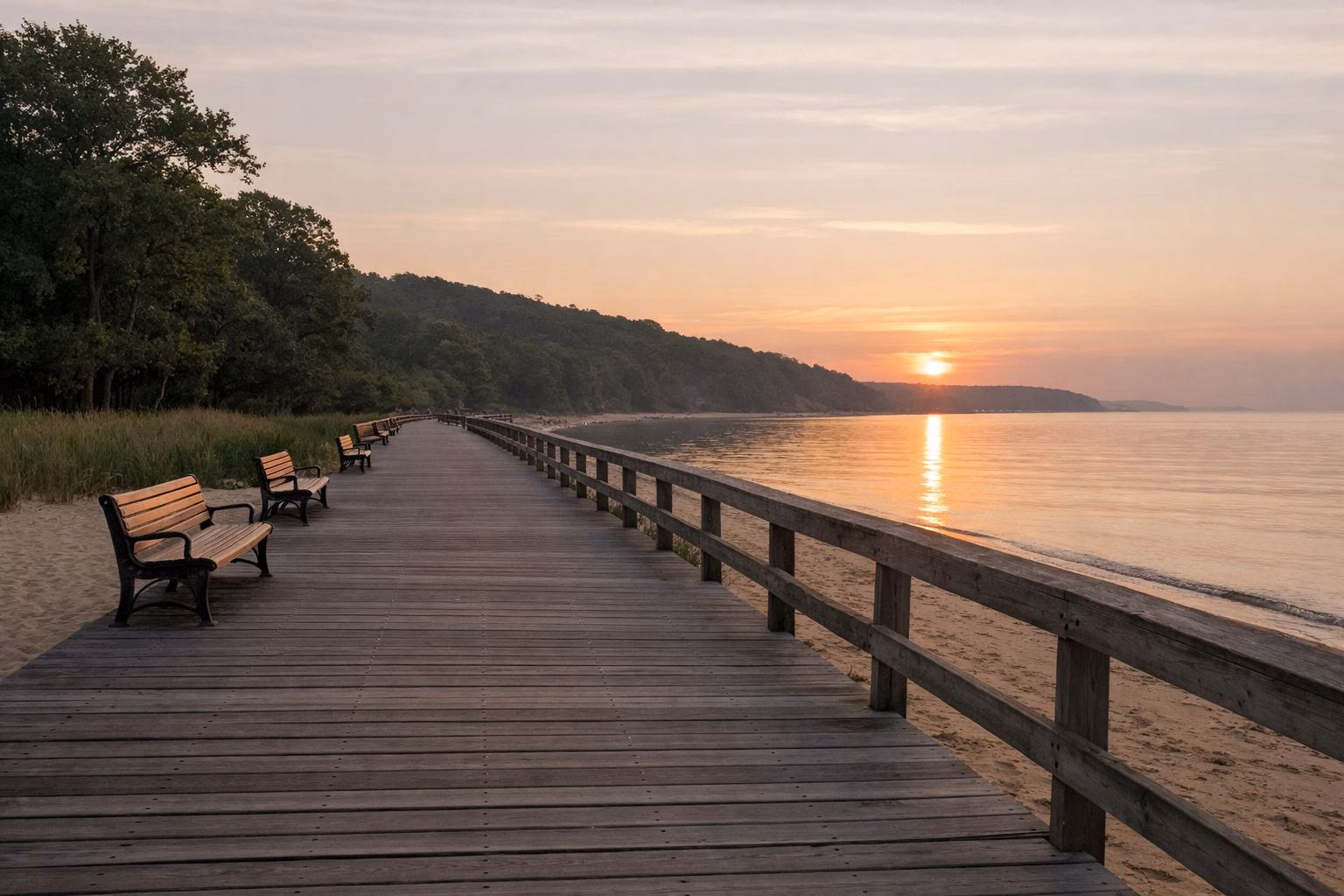 A long wide wooden boardwalk at sunrise with empty benches, a sandy beach and calm water beside it