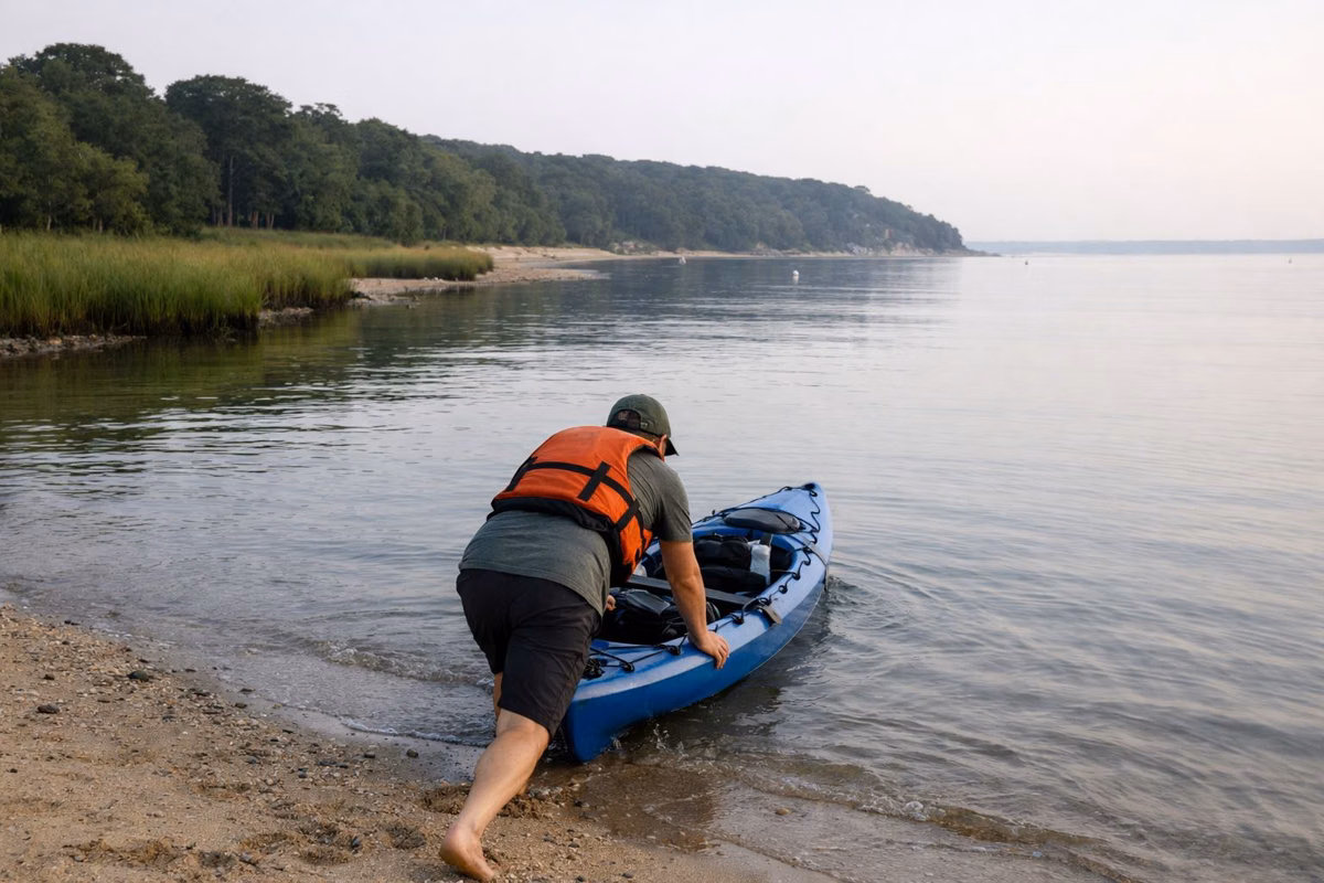 A person in a life jacket pushing a kayak off a sandy beach into calm water, seen from behind