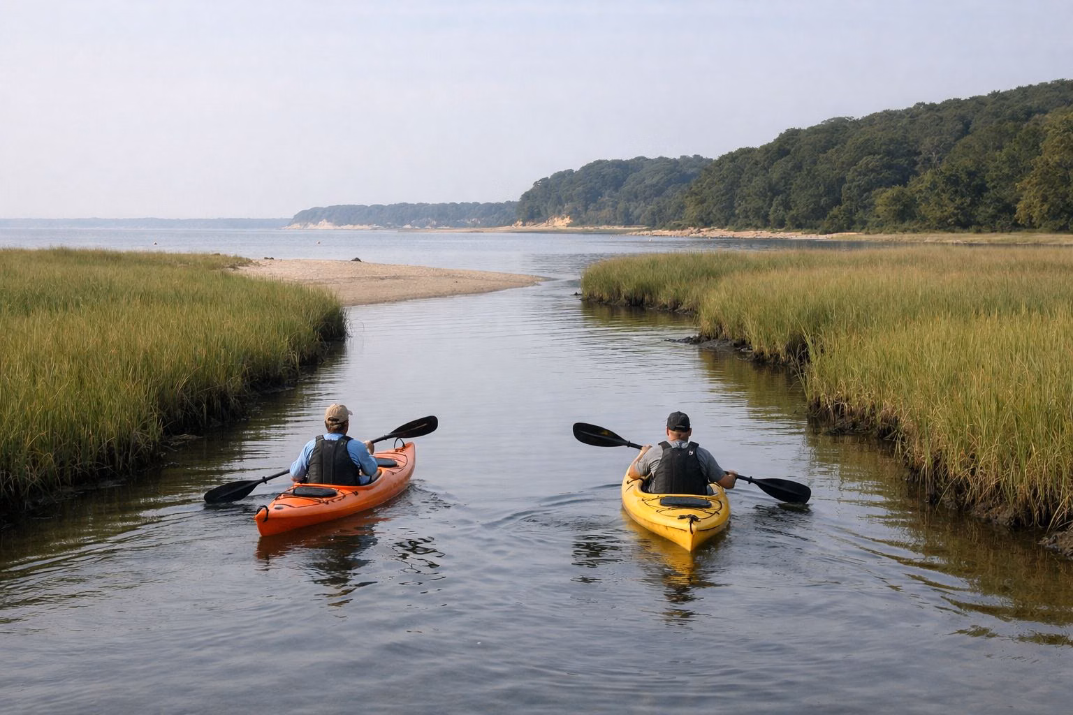 Two kayakers paddling on a calm salt marsh creek in morning light, marsh grass on both banks