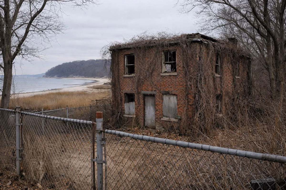 A small abandoned two-story brick building overgrown with vines among bare trees, fenced off