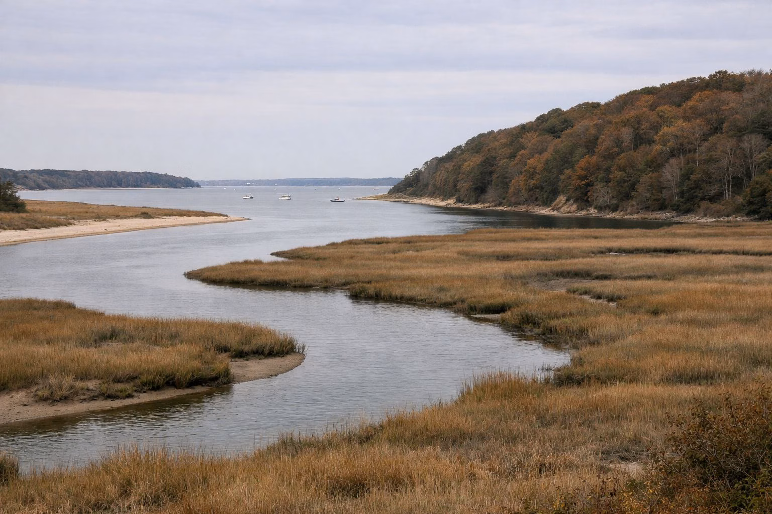 A wide tidal river winding through salt marsh below wooded bluffs, a few small moored boats far away