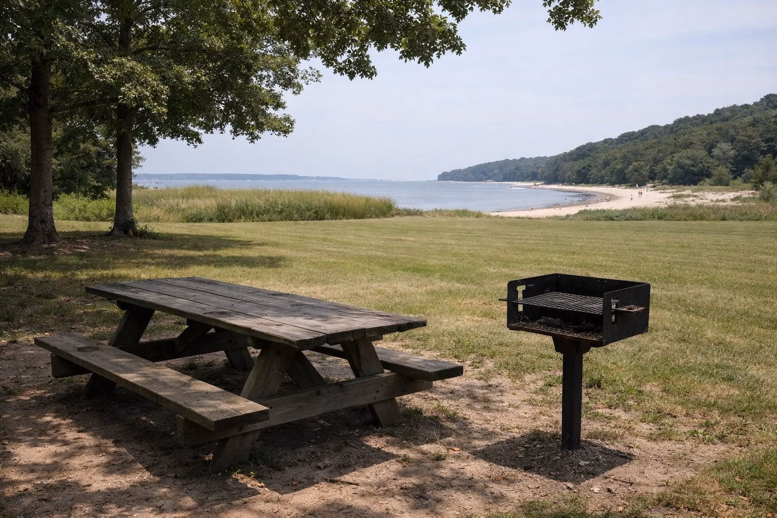 A wooden picnic table and a charcoal grill on a post under shade trees beside a wide mown lawn