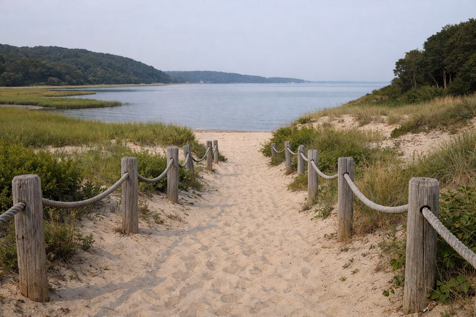 A sandy path to the beach between low dunes with a weathered wooden post-and-rope fence, water ahead