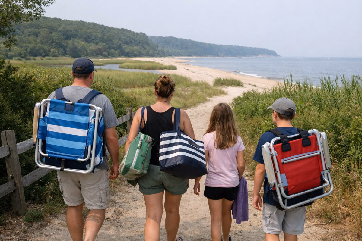 A family carrying beach chairs and a bag walking along a path toward a beach, seen from behind