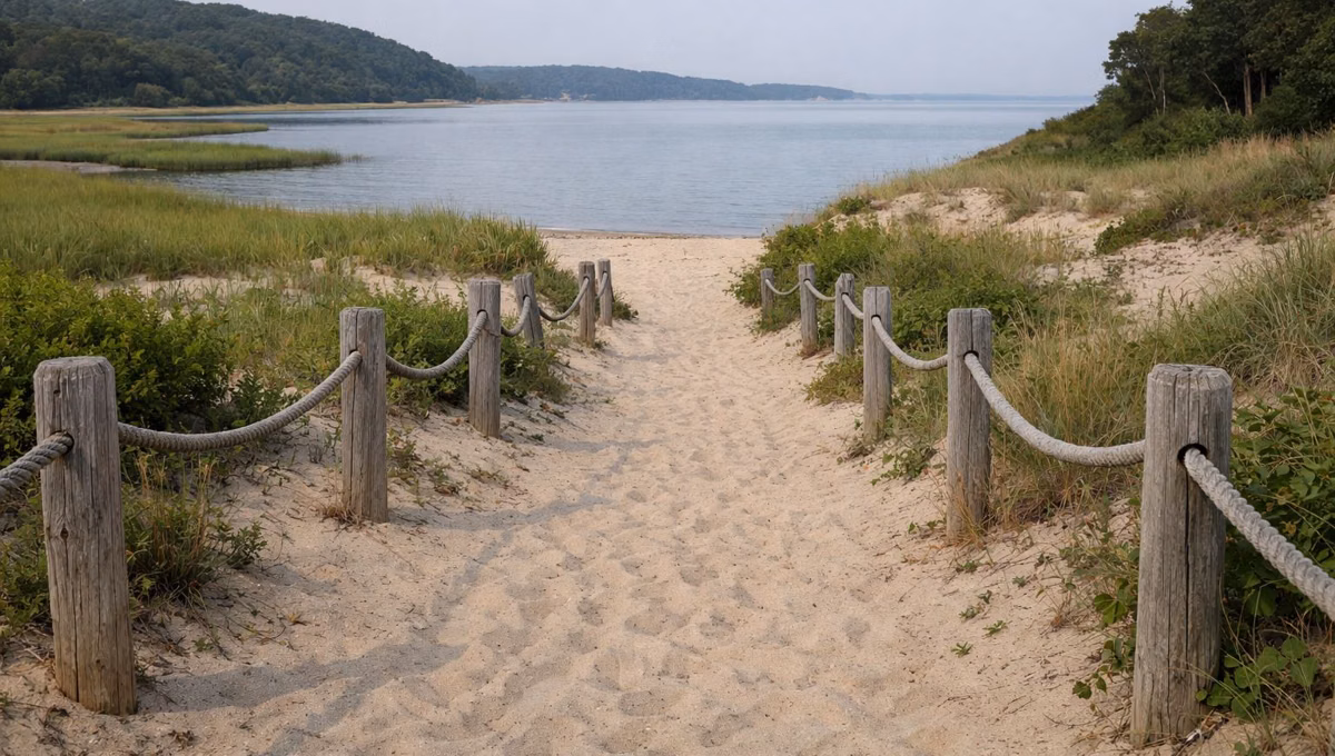A sandy path to the beach between low dunes with a weathered post-and-rope fence, water ahead