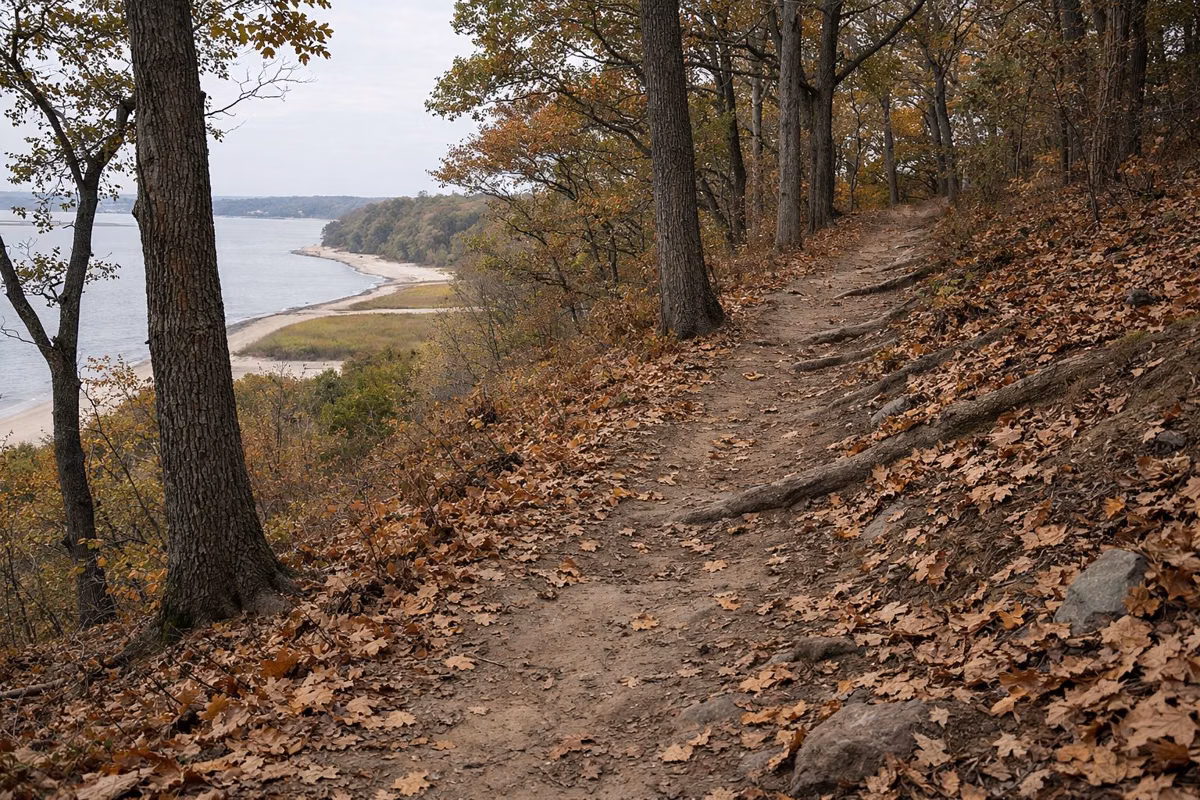 A dirt trail climbing a wooded hill through mature oaks with fallen leaves